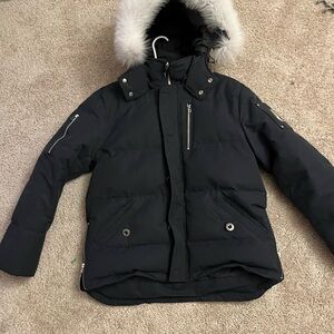 Moose Knuckles Black Puffer Jacket with Fur Hood